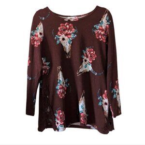 Rod's Rodeo Country Western Bonfire Bull Skull Boho Lace Floral Sweater L